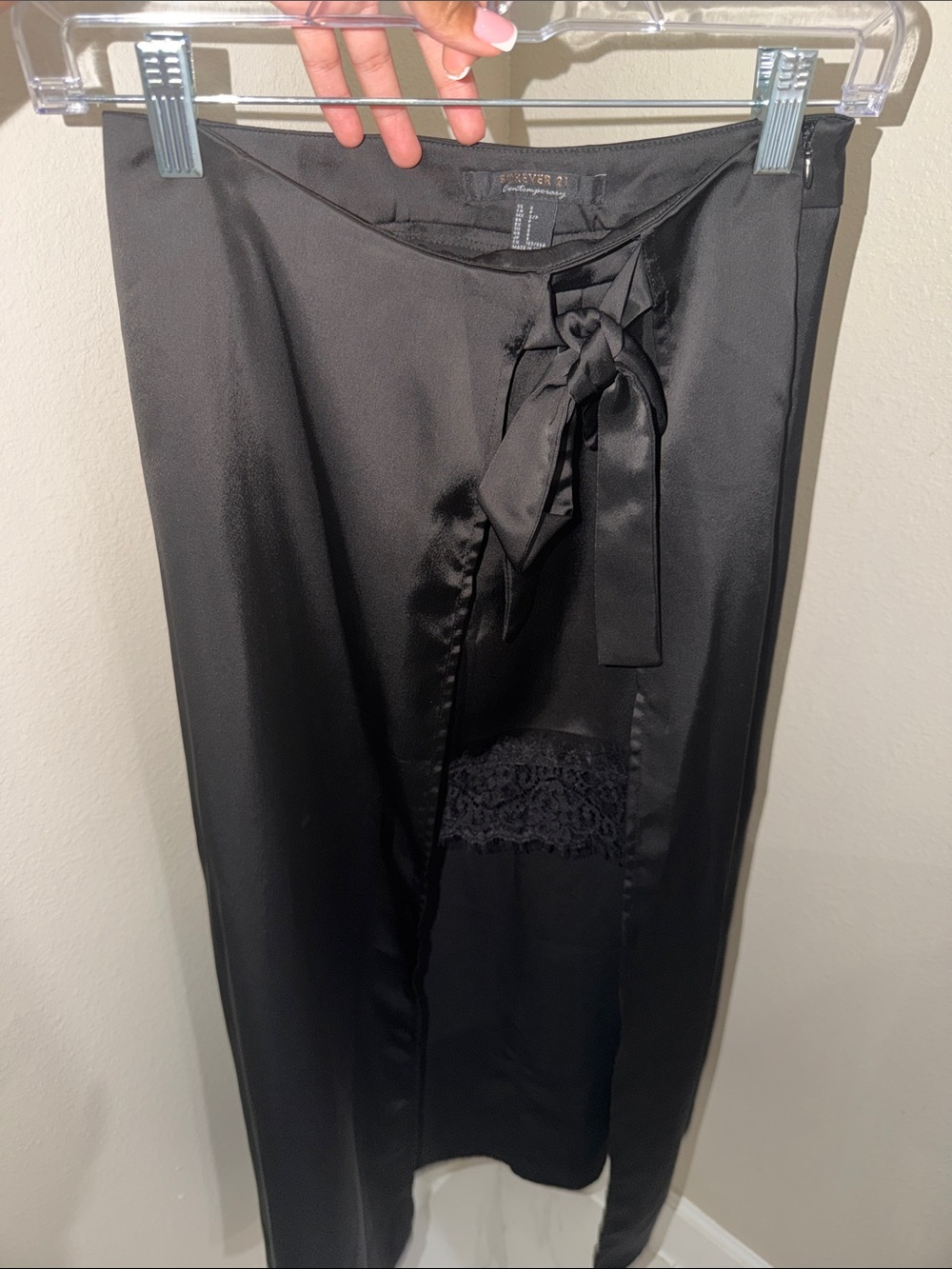 Forever 21 Black Satin Tie-Front Midi Skirt with Lace Inset